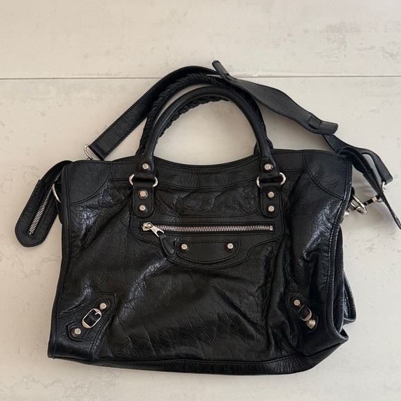 Balenciaga Handbags - Balenciaga Black Leather Satchel with Silver Hardware Accents